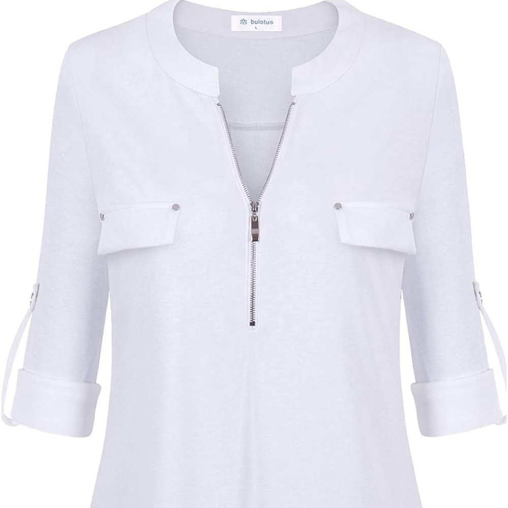 Bulotus Women's Zip Front V-Neck 3/4 Sleeve Tunic Casual Top